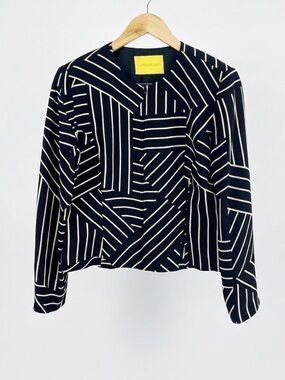 Flores & Flores 100% Silk Geometric Abstract Blazer Jacket Black White Size 12